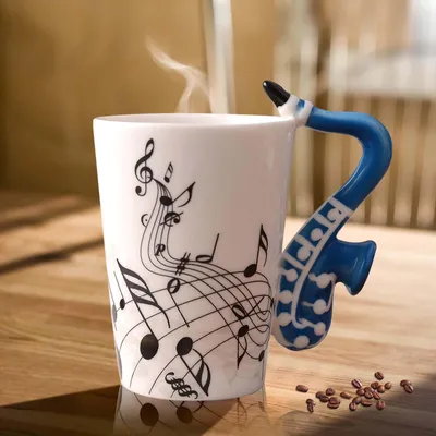Kaffeetasse mit Saxofonhenkel, Musiknoten, 250 ml, Blau
