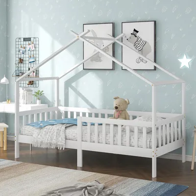 Produktbild von Hausbett 90x200 cm, Kinderbett aus Massivholz mit Rausfallschutz und Lattenrost, Kinder- und Jugendbett, Kiefernholz, Weiß