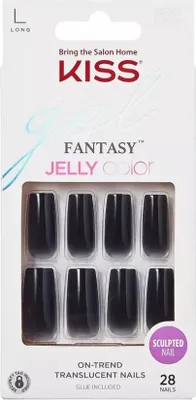 Produktbild von KISS Gel Fantasy Press On Nails Jelly Gelée Black Long Square Shape 28 Nails 2g Glue 1 Manicure Stick 1 Mini File Pink Medium