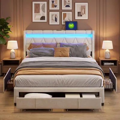Immagine prodotto di Letto imbottito INONEFT, 160x200 cm, con USB e LED, letto a castello per ragazzi, matrimoniale, con 4 cassetti, struttura del letto con rete a doghe e testiera, colore: lino, beige