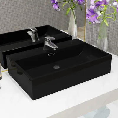 Image de vidaXL Lavabo avec trou pour robinetterie Céramique noire 60,5 x 42,5 x 14,5 cm