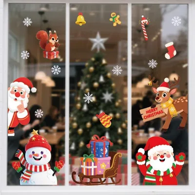 Zdjęcie produktu dla Naklejki okienne z motywem świątecznym: Mikołaj, renifer, dwustronny nadruk, 120 x 30 cm, wykonane z PVC, wielokrotnego użytku, 1 arkusz