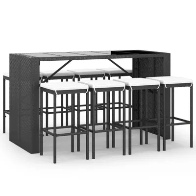 Obrázok produktu pre vidaXL 9-dielny záhradný barový set s vankúšmi Black Poly Rattan