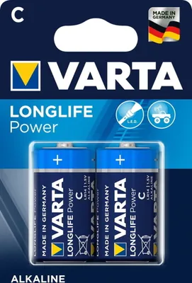 A retail package of Varta Longlife Power C batteries.