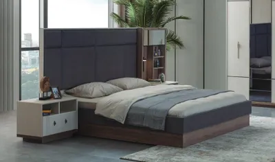 Zdjęcie produktu dla Szare designerskie łóżko do sypialni zestaw łóżko podwójne 2x szafki nocne