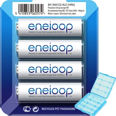 Produktbild von Die Panasonic eneloop Mignon AA NiMH Akkus in der neuen storage case und der AccuCell Box blue