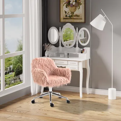 Produktbild von Schreibtischstuhl Kunstpelz Mädchen, Drehstuhl höhenverstellbar Schminkstuhl, Bürostuhl flauschig, Rosa | 57x60x75–85 cm | 45–55 cm Sitzhöhe | 360°