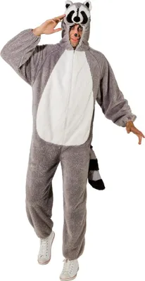 Produktbild von Waschbär Overall Kostüm aus grau-weißem Fellimitat mit Kapuze, Gesicht und Schwanz, 160-175cm