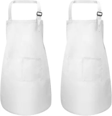 Produktbild von 2 Stück Blau Kinder Schürzen mit Taschen, Verstellbare Kleinkind Kochschürze für Jungen Mädchen, Küchenschürze Malschürze, Kinder Künstler Schürzen für Basteln Malen Backen Kochen (7-13 Jahre  L) Weiß