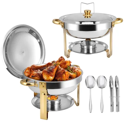 Image de Récipient isotherme pour buffet - Chafing dish rond 4,7 l - Acier inoxydable - Réchauffeur de plats pour buffet - Pour mariages, fêtes, festivals - Argent/Or