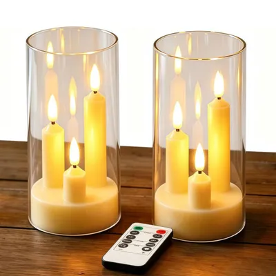 Produktbild von 2er-Set flammenlose Spitzkerzen mit Fernbedienung, 3D-Docht-LED, Timer, Acryl-Cover, batteriebetrieben, flackernd,für Hochzeiten,Partys(Keine Batterie