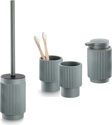 Produktbild von 4-teiliges Badezimmer-Set Stripes Salbeigrün, Badzubehör-Set besteht aus: Seifenspender, 2x Zahnputzbecher, WC-Bürste, moderne Badausstattung Zeller