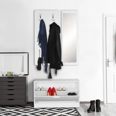 Produktbild von Wand-Garderobe SALERNO mit Spiegel & Schuhschrank Spanplatte weiß | Moderne Flur-Kompaktgarderobe für Jacken & Schuhe | Komplettgarderobe