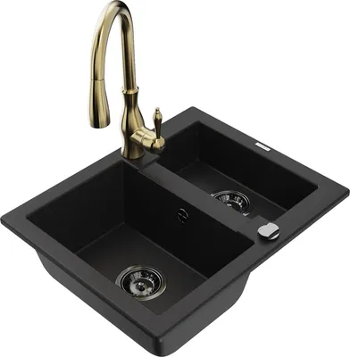 Produktbild von Mexen Carlos 1,5-Becken-Granitspüle mit Mischbatterie Savita, Schwarz - 6518-77-672601-50-B