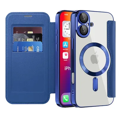 Image de Étui compatible MagSafe pour iPhone 16 Plus, étui transparent avec porte-cartes, étui en cuir avec protection de l'appareil photo bleu