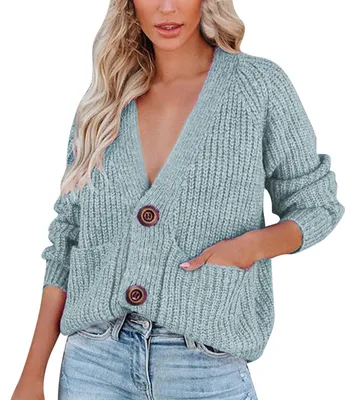 Productafbeelding van Dames Chunky Knit Cardigan met Knopen en V-hals