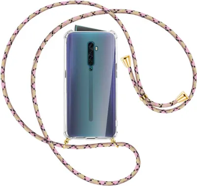 Produktbild von Handykette Backcover-Schutzhülle mit Band (Metall goldfarben) für Oppo Reno2 - rosa Karo