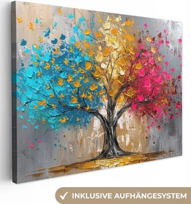 Produktbild von MuchoWow® - Leinwandbilder - Baum - Bunt - Grau - Modern, Wandbild, Wanddeko Bilder Wohnzimmer, 120x90 cm