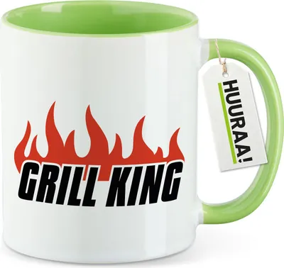Produktbild von Huuraa Kaffeetasse Grill King Flammen 330ml Grün Keramik Kaffeebecher Geschenkidee