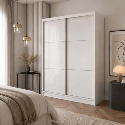 Produktbild von Schrank mit Schwebetüren VIVA 150cm - Kleiderschrank mit Schubkasteneinsätze & Kleiderstangen (Weiß)