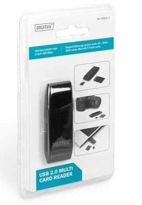 Zdjęcie produktu dla Digitus Uniwersalny czytnik kart USB 2.0, MicroSD (TransFlash), MicroSDHC, MicroSDXC, SD, SDHC, SDXC, Czarny, USB 2.0, 70 mm, 25 mm, 11 mm