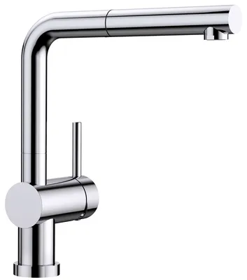 A close-up studio shot of a modern kitchen faucet.