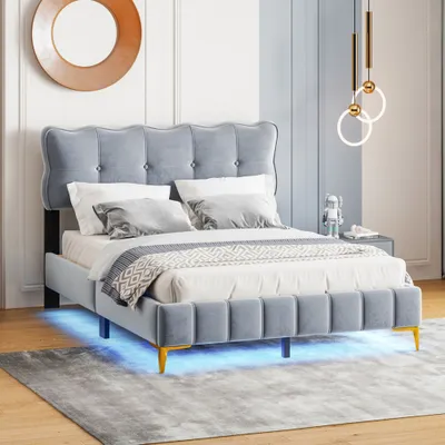 Produktbild von UnboxG Polsterbett 140 x 200cm, Jugendbett, Doppelbett mit LED-Beleuchtung mit Rückenlehne, mit Lattenrost Samtstoff Funktionsbett, Grau