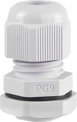 A white PG 09 cable gland with a black rubber seal and a hexagonal nut is shown against a white background.