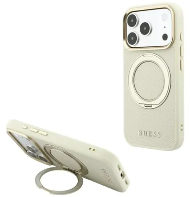 Obrázok produktu pre Guess Ring Stand 360, puzdro s textúrou, klasickým logom a magnetickou technológiou MagSafe pre iPhone 18 Pro / 17 Pro, farba: béžová
