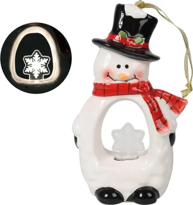 Zdjęcie produktu dla Bałwanek Ceramiczny z Podświetlaną Śnieżynką LED, Biały, 15 cm