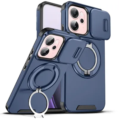 Produktbild von Handyhülle für Oppo Reno14 F Dual-Layer Stoßfest Militär Hülle mit Dia Kameraschutz, Magnetisch Ring Ständer Blau