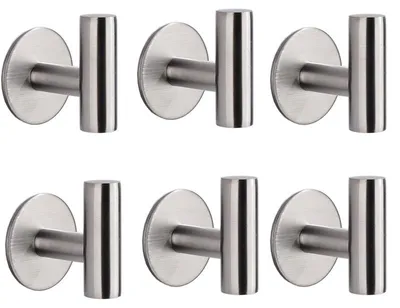 Imagen del producto de 6 ganchos adhesivos de acero inoxidable en color plateado, ideales para toallas en baños, ganchos para barras de toallas, accesorios para baño