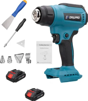 Obrázok produktu pre Teplovzdušná pištoľ Drillpro 21V s LED displejom 30-650 °C, keramické výhrevné teleso na zmršťovanie fólií a spájkovanie - s 2 dobíjacími batériami