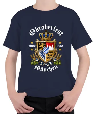 Obrázek produktu pro Bayern, erb, lev, koruna, pivo, chmel, slad, tradiční tričko, kožené kalhoty, dětské tričko, tmavě modrá, velikost 140