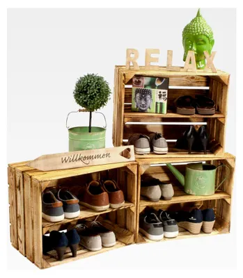 Produktbild von 3er Set Schuhschrank Schuhregal - Weinkiste Obstkiste Holzkiste - geflammt - 50x40x30cm