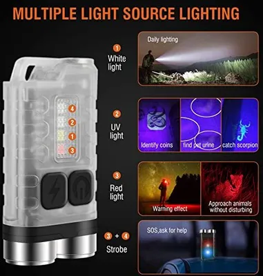 Produktbild von Boruit V3 Mini LED -Torch wiederaufladbare Schlüsselring kleine Fackeln Rot Blue UV Light - 10 Modi 900 Lumen IP65 wasserdichte batteriebetriebene Aut