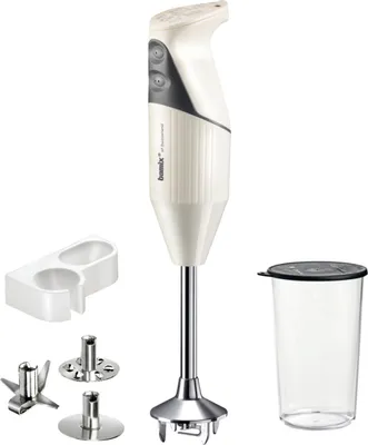 A Bamix hand blender and its accessories are displayed against a white background.