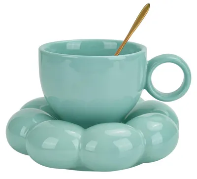 Productafbeelding van Keramische koffiekopjes set met lepel - Inclusief onderzetters met zonnebloemenmotief (blauw)