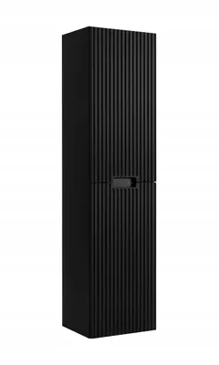 A tall, narrow black cabinet with vertical ribbed detailing and a horizontal handle in the middle.