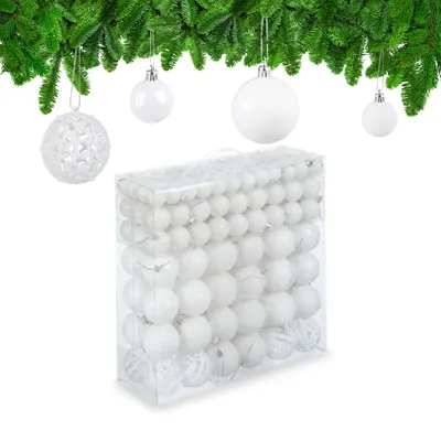 Obrázok produktu pre Vianočné gule Relaxdays v sade po 150 kusoch, trblietavé, matné a lesklé vianočné gule, plast, ∅ 3, 4 a 6 cm, biele