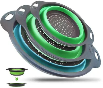 Produktbild von Unyqoos® Faltbares 3‑teiliges Siebset aus lebensmittelsicherem Silikon – platzsparend, rutschfest, hitze‑ & spülmaschinenfest, für Küche & Camping