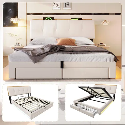 Obrázok produktu pre Postel s čalúneným rámom, 140 x 200 cm, s LED osvetlením, hydraulickým úložným priestorom, zásuvkami, USB a Type-C portami, čalúnenou opierkou hlavy, farba béžová, materiál: ľan