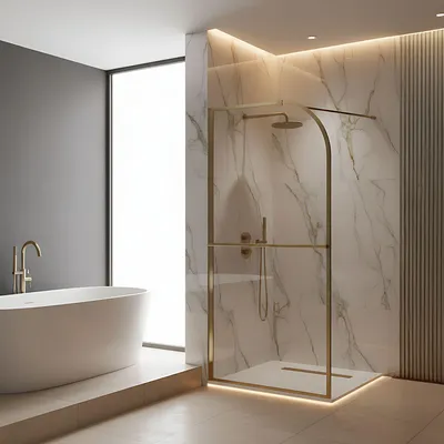 A modern bathroom with a freestanding bathtub and a glass shower enclosure with gold accents.