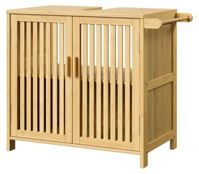 Produktbild von Bambus-Waschbeckenunterschrank mit 2 Türen und Handtuchhalter, 60 x 30 x 60 cm, Natur