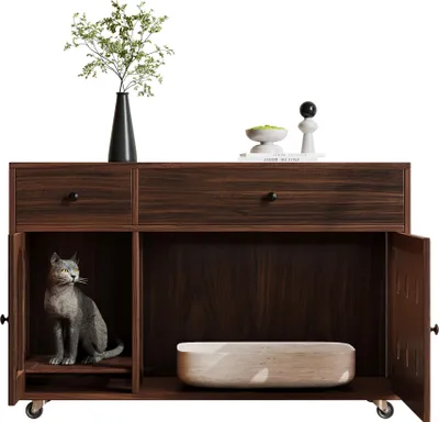 Produktbild von Katzenkloschrank – Katzenschrank/Katzenhaus mit abnehmbare Sandablassplatte, geruchsisoliert, ohne Katzenklo, 100×45×66 cm, Nussbaumfarbe