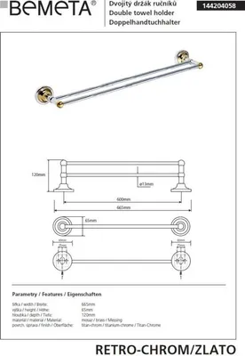 Immagine prodotto di Portasciugamani doppio Bemeta Retro 600 mm oro/cromo