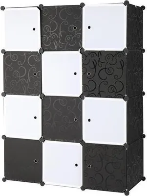 Produktbild von FCH Kleiderschrank, 12 Quader Kunststoff Kleiderschrank Garderobenschrank, Schrank Regalsystem mit 2 Kleiderstange, Steckregal Kombischrank, 108*47*142cm Schwarz und weiß