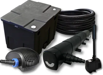 Zdjęcie produktu dla Kompletny zestaw SunSun: filtr do oczka wodnego CBF-350 o pojemności do 12000 l, pompa do oczka wodnego CTF-3800 3600 l/h 20 W, osadnik do oczka wodnego CUV-272 72 W, wąż do oczka wodnego 25 m 25 mm, fontanna HJ-943 800 l/h 16 W
