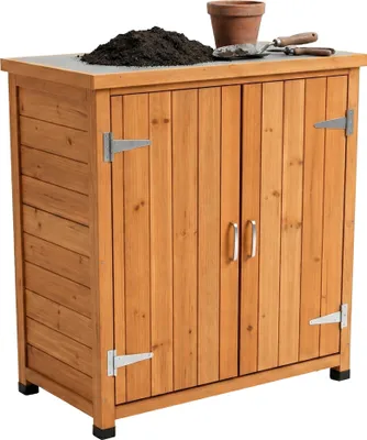 Produktbild von Relaxdays Pflanztisch mit Unterschrank, Holz, verzinkte Arbeitsplatte, HxBxT: 90 x 75 x 40 cm, Gartenschrank, orange