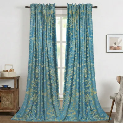 Produktbild von 2er Set Samt Vorhänge mit Kräuselband Vorhang Verdunkelung Golden Bedruckte Gardinen Wohnzimmer Schlafzimmer, B132xH244cm, Türkis